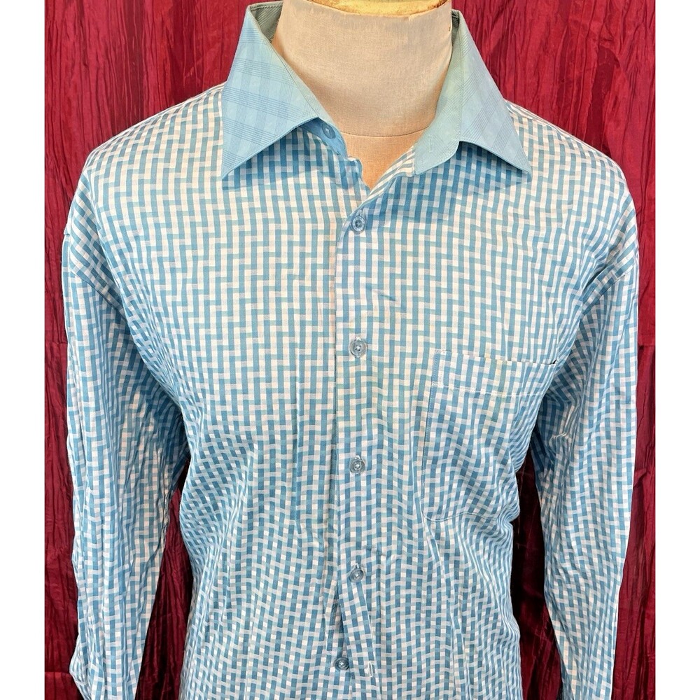 Mens Avanti Uomo Teal Check Dress Shirt Contrasting Collar & Fr Cuffs sz 18.5x35
